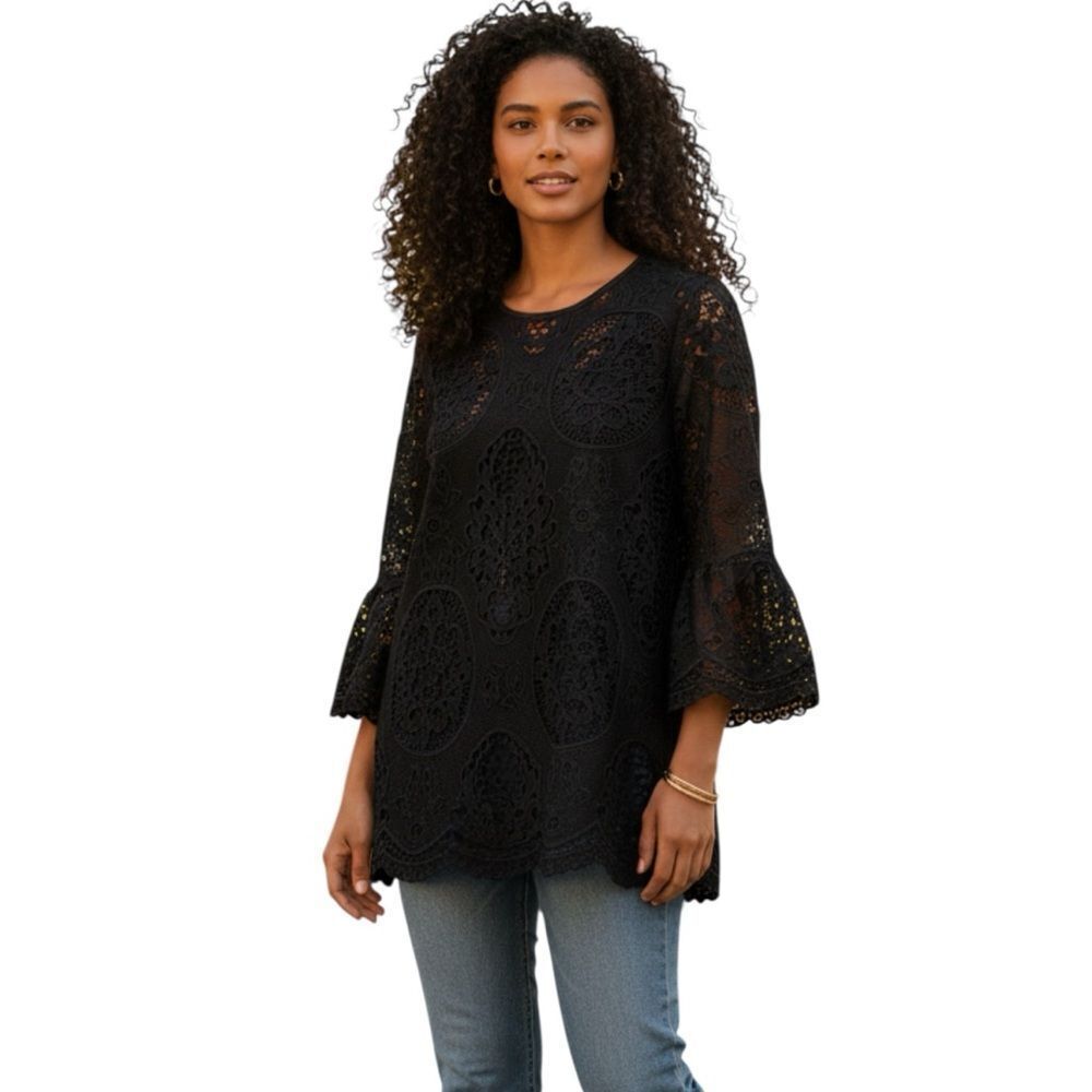RO & DE Black Romantic Lace Elegant Bell Sleeve Timeless Dark Romance Blouse XS